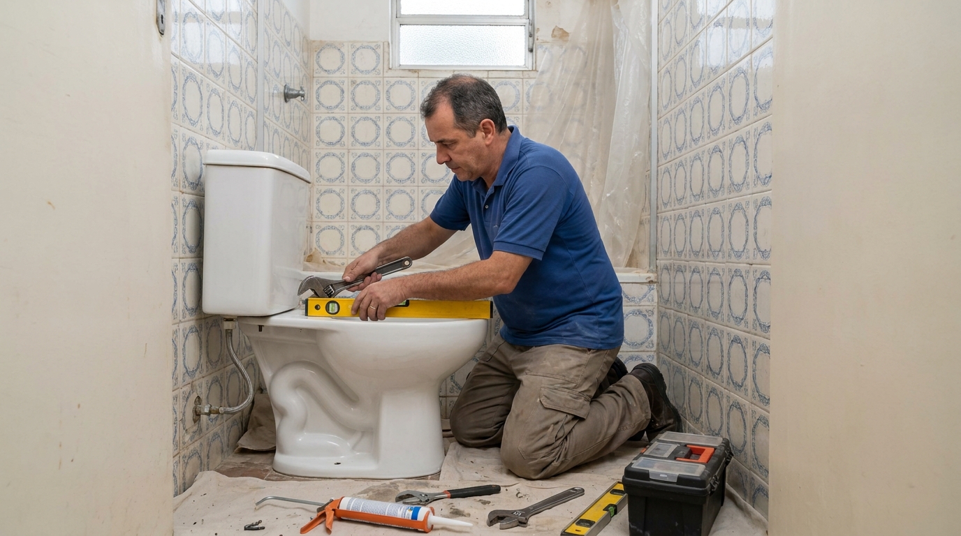 Técnico instalando vaso sanitário em Santa Cruz do Sul‑RS